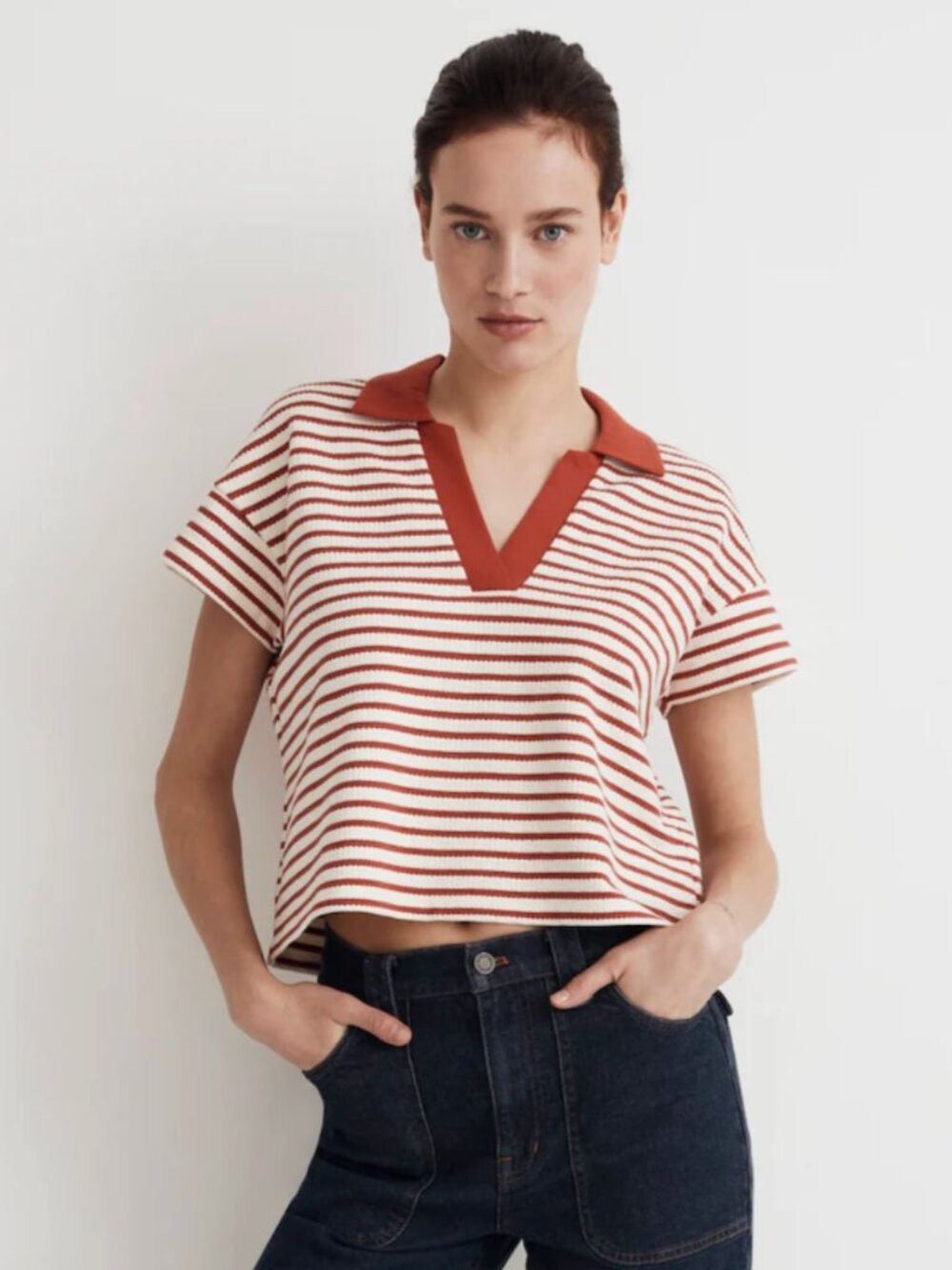 MADEWELL Red White Striped Texture-Rib Cropped Polo Tee Small
